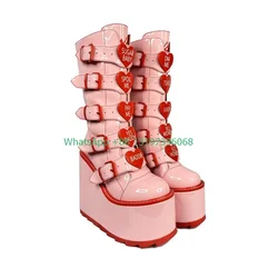 Ladies red pink platform punk style boots calf boots heart-shaped multi-layer buckle decoration plus size catwalk style footwear