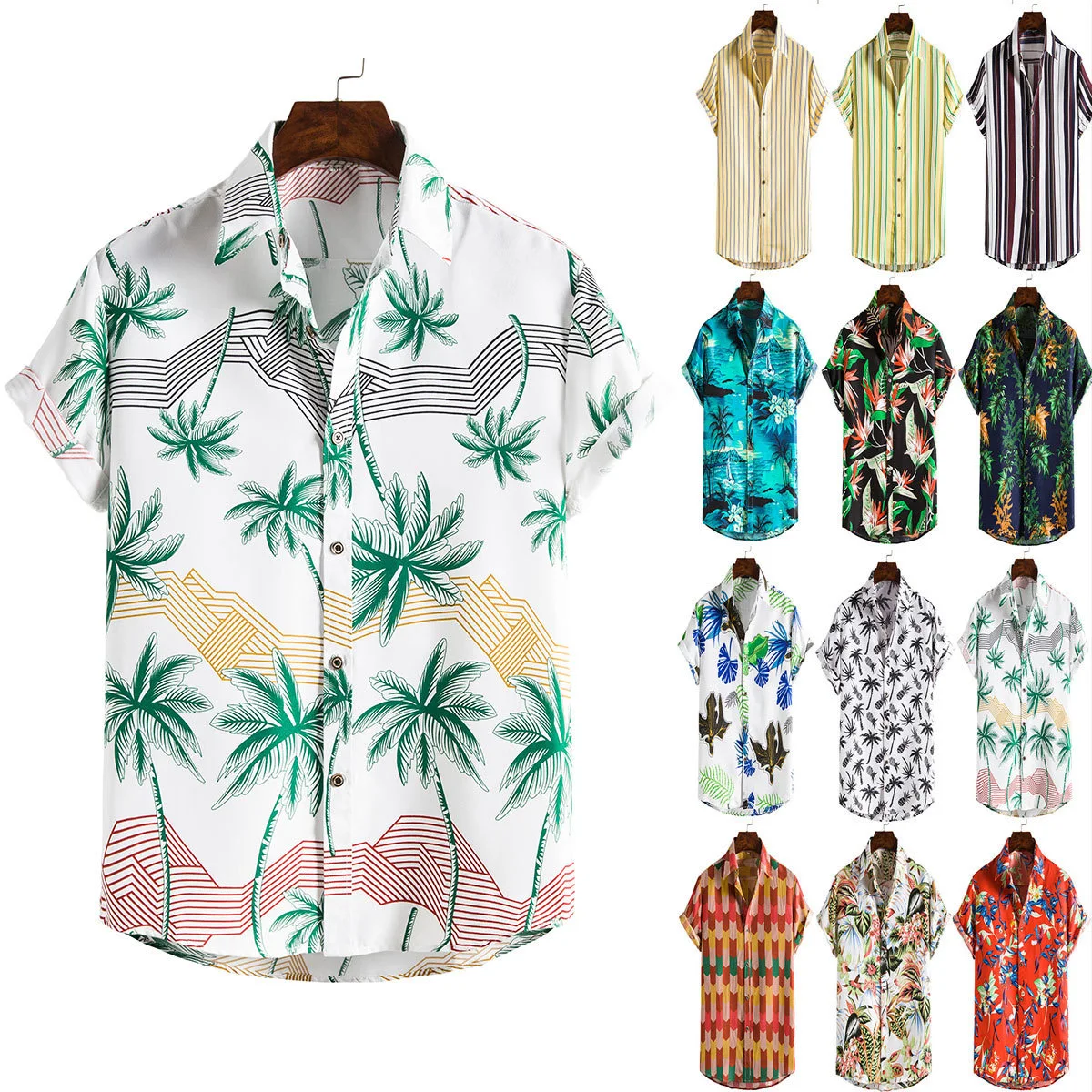 

Fashionable men's summer hot sale Hawaiian style lapel button cardigan casual large size shirt beach short sleeve top S-5XL