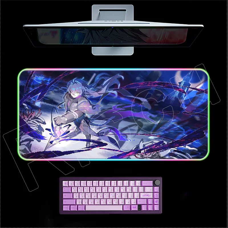 ملحقات لوحة المفاتيح غير القابلة للانزلاق للكمبيوتر المحمول RGB Anime Big Desk Mat Genshin Impact Flins Mouse Pad قفل الكمبيوتر Edge Mousepad