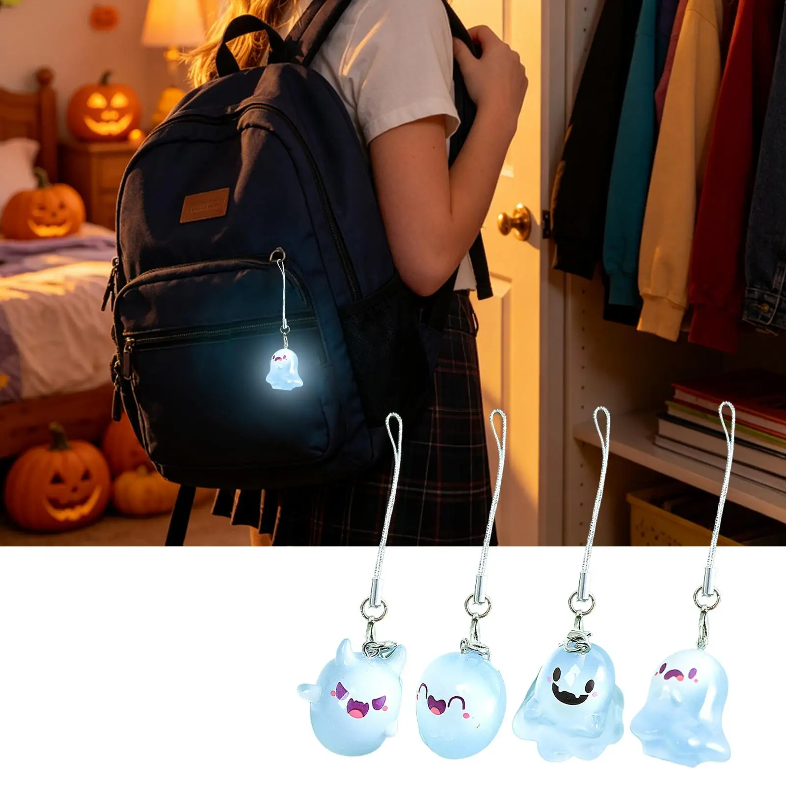 Funny Ghost Keychain Glowing Cute Resin Ghost Pendant Halloween Key Chain For Kids Adults School Travel Office Handbag Backpack
