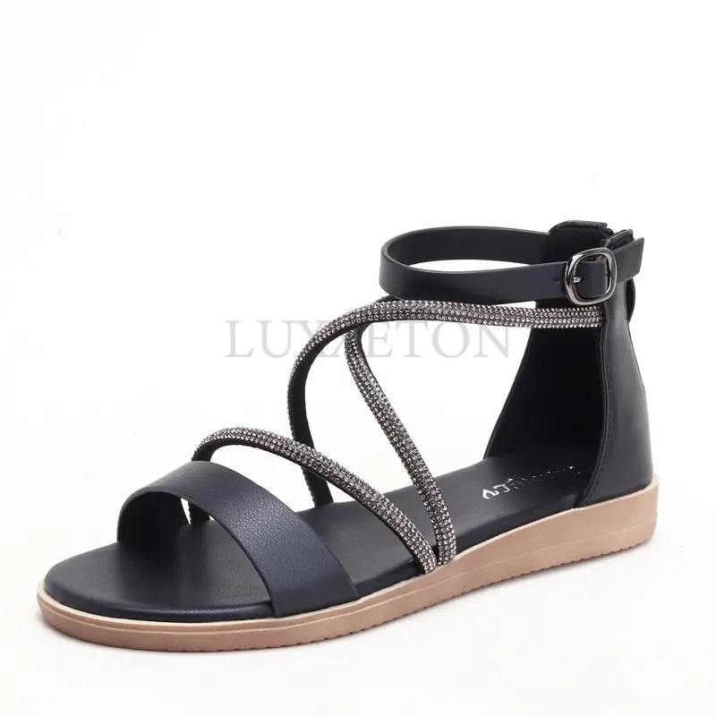 Leather Women Sandals Summer Flats Shoes Casual Flip Flops Gladiator Sandal Comfortable Cross Strap Beach Shoes Ladies