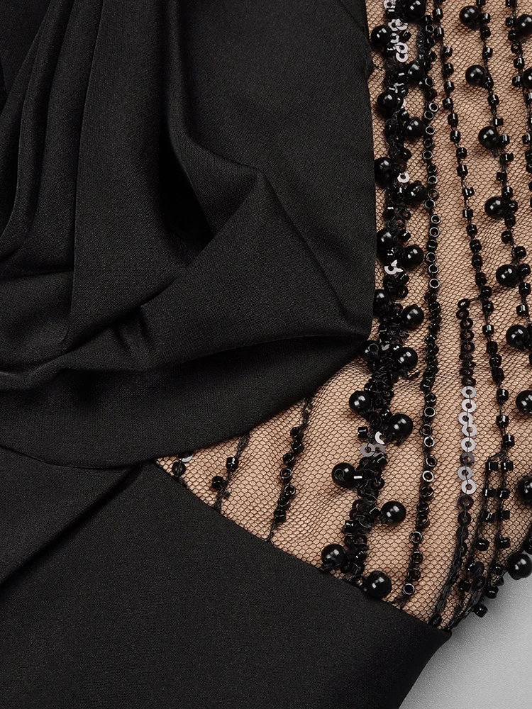 Rückenfreies, seitlich geschlitztes, langes Kleid mit schwarzen Pailletten, Diamantkette, trägerloses Abendkleid, elegante formelle Partykleidung