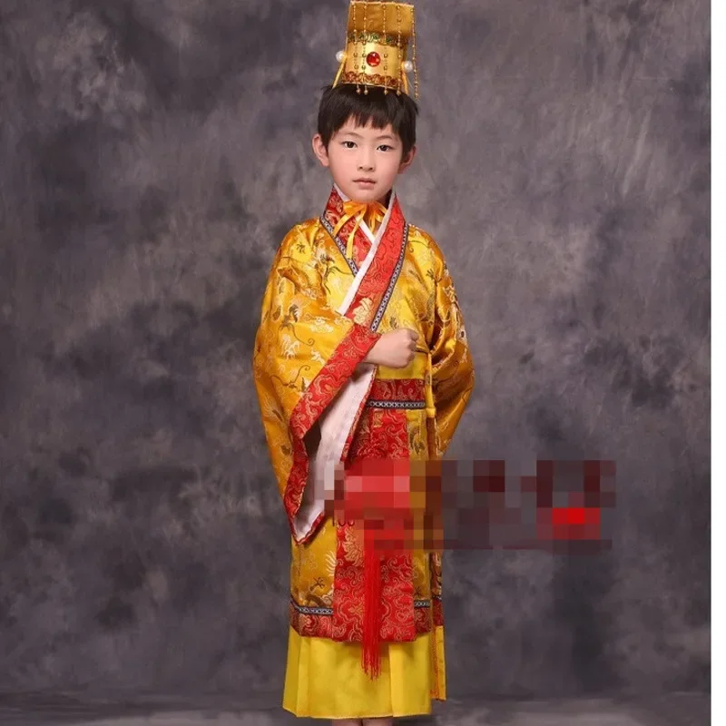 Kind Chinesisch traditionelles Hanfu Kleid Männer Jungen Kaiser König Bühne rote Kleidung Kinder Kostüme Tang Anzug Kinder Robe Hut Sets