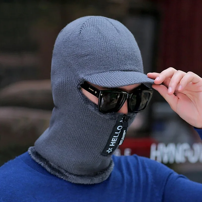 Men Winter Knitted Hat With Zipper Outdoor Face Ear Protection Warm Thick Bicycle Cap Scarf Windproof Visors Cap Balaclava Cap