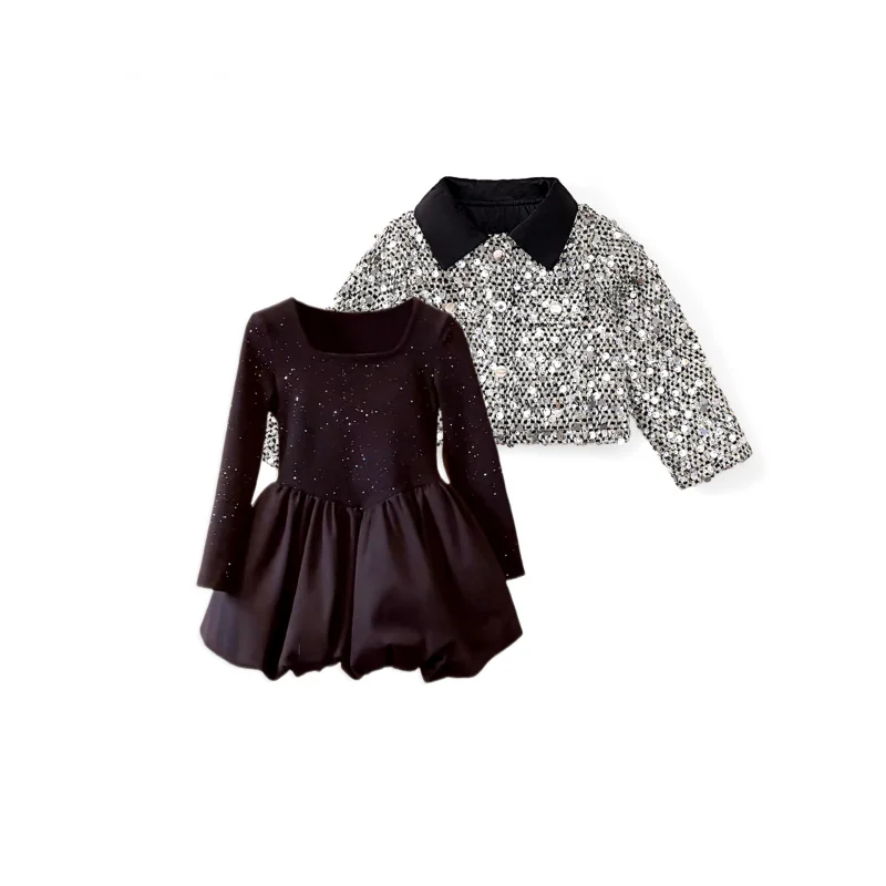 

Girls' Outfit Spring and Autumn Children's Sequin Stage Costume Jacket Black Dress Two-Piece Set