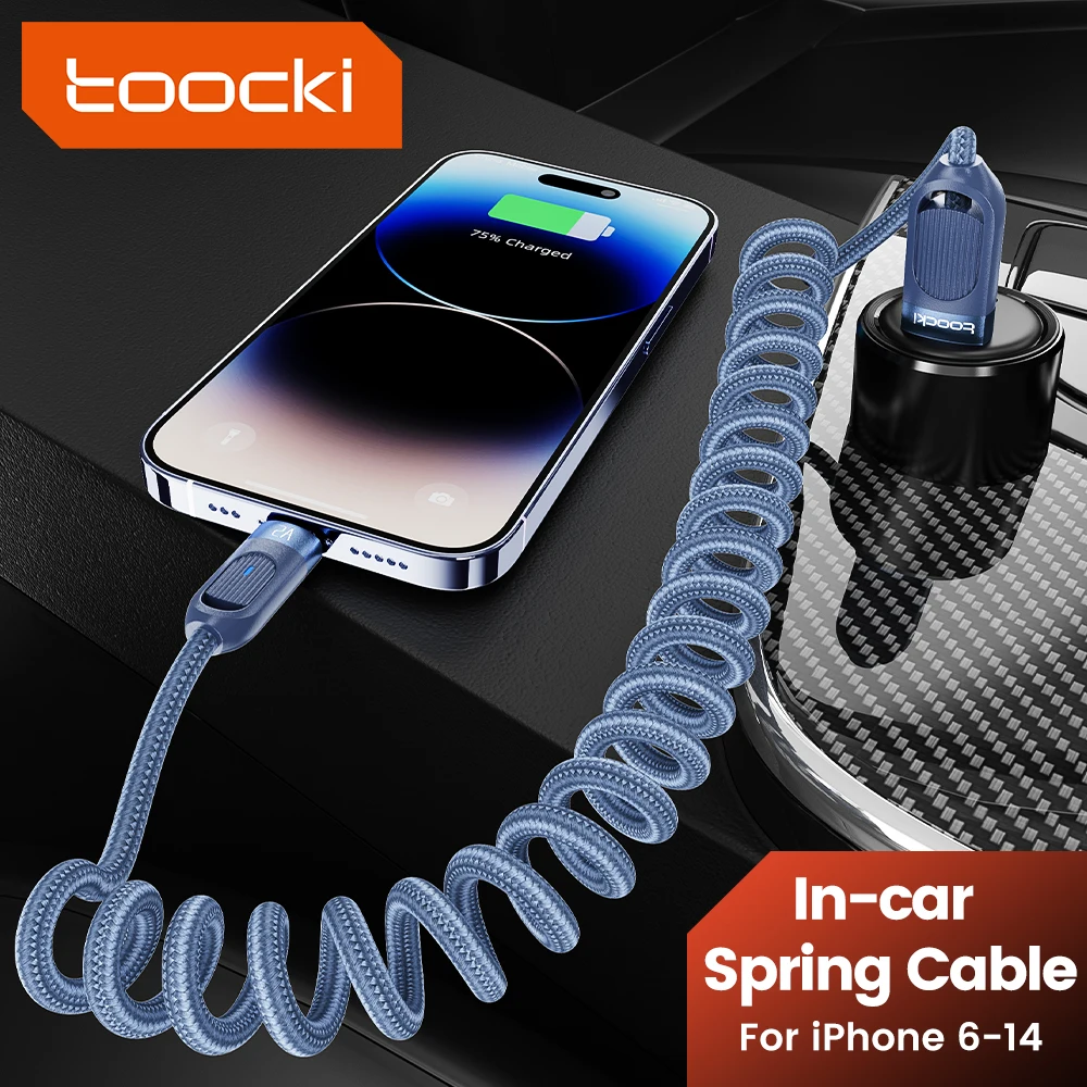 Toocki USB 2.4A Fast Car Charger Cable For iPhone 14 13 12 11 Pro Max Plus  8  X XS Spring Telescopic Charging Wire  Accessories