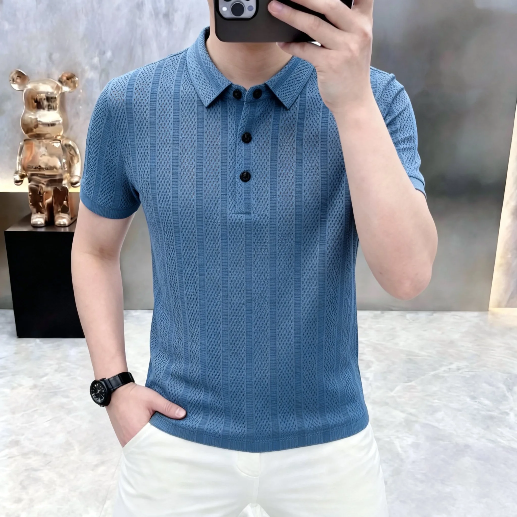 Summer Men's Polo Shirt- Breathable Ice Silk Top- Fashion Stripes- Versatile Men's T-Shirt
