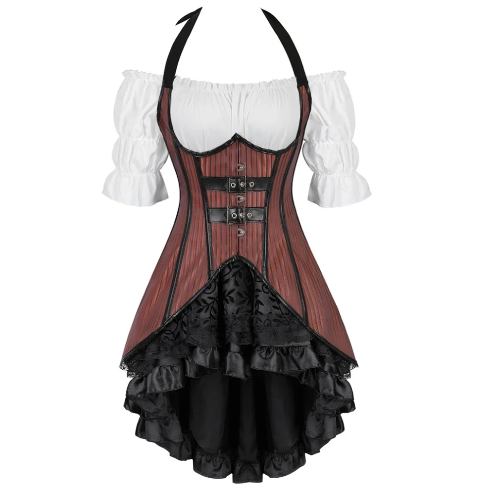 

Renaissance Blouse Steampunk Striped Long Straps Corset Vest Bustier Top Gothic Asymmetrical Skirt Cosplay Pirate Costumes