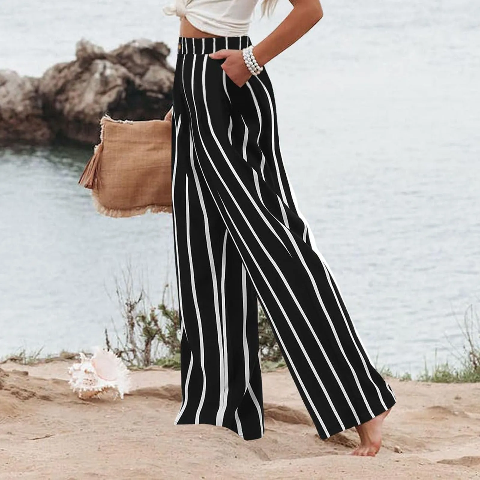 2024 New Fashion Striped Pants For Women Summer Vintage High Waist Pants Casual Y2k Streetwear Loose Wide Leg Pants