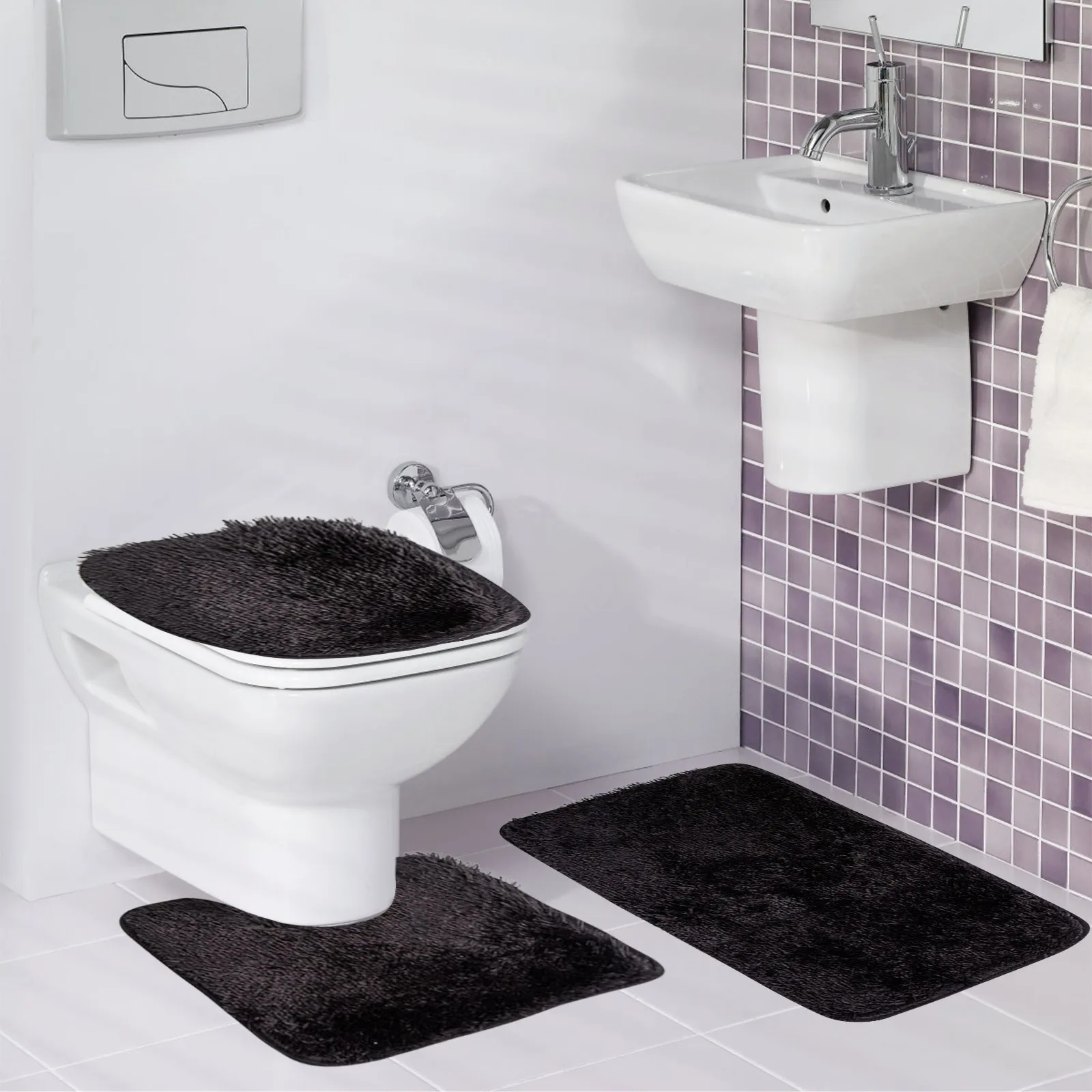 Bathroom Carpet Toilet Cushion Cover Microfiber Absorbent Non-Slip Mat Three-piece Set=U-shaped 40*50+cover 45*50+door Mat 50*80