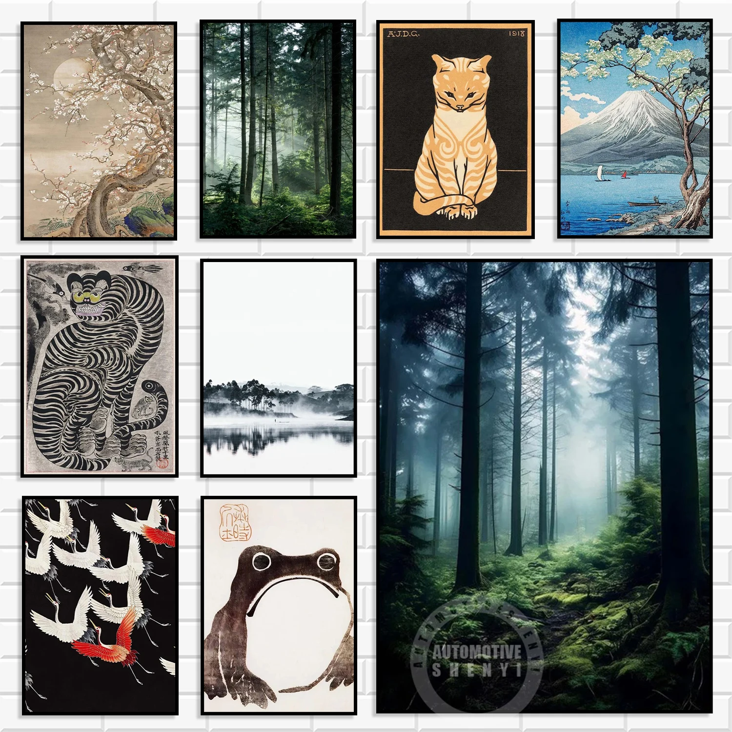 Japanese Ukiyo-e Vintage Canvas Wall Art Set Retro Animal & Forest Landscape Print Oriental Aesthetic Poster for Room Home Decor