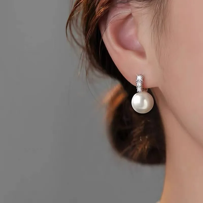 Pendientes de circonita brillante con perlas de 10/12mm de color plateado para mujer, accesorios de joyería minimalistas a la moda