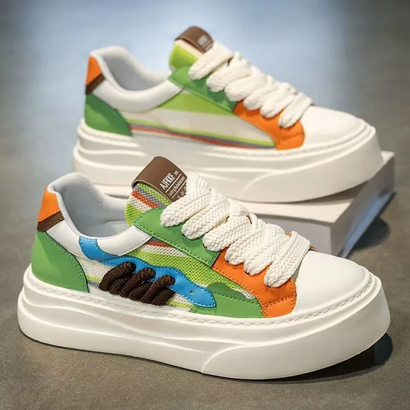 Korean Style Men's Platform Shoes 2026 Summer Color Block Breathable Thick Sole Casual Streetwear All-mat Footwear