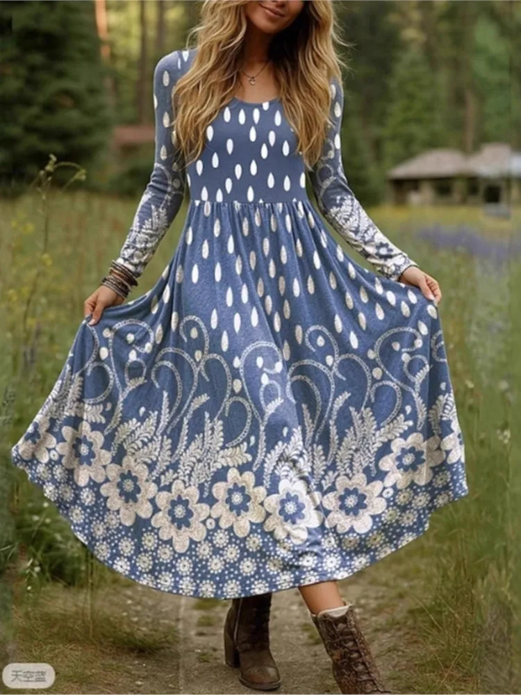 Casual Print Loose Dress For Women Fashion O Neck Long Sleeve Boho Holiday Vintage Dresses Vestidos Y2k Women's Clothing Autumn