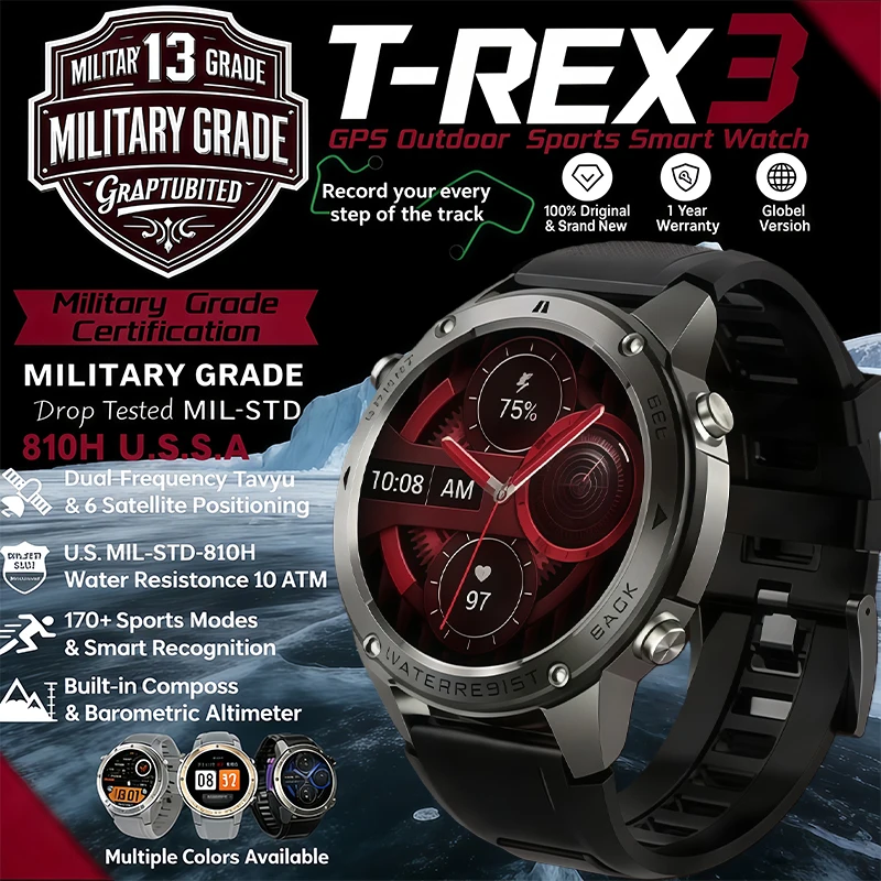 

2025New Military T-Rex3 Ultra GPS SmartWatch Built in GPS Compass Altimeter Barometer 5ATM Waterproof 600mAh Sports Bracelet Men