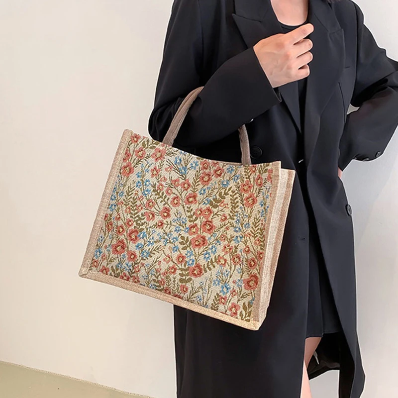 

Women Flower Pattern Canvas Tote Bag Larger Capacity Handbag Shoulder Bag Commuting Casual Lunch Bag Mummy Bag Shopping Bag