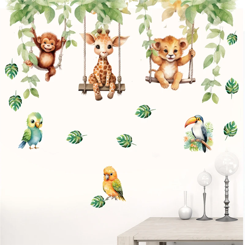 Naughty Animals Swing Wall Stickers Kids Room Decoration Diy Cartoon Giraffe Lion Monkey Safari Mural Art Pvc Posters Home Decal