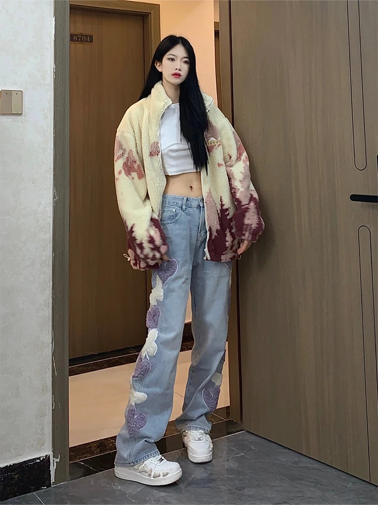 

plus Size High Waist Denim Jeans Women's Heart Embroidery Loose Slim Straight Leg Pants Korean Sle Casual Cotton Blend