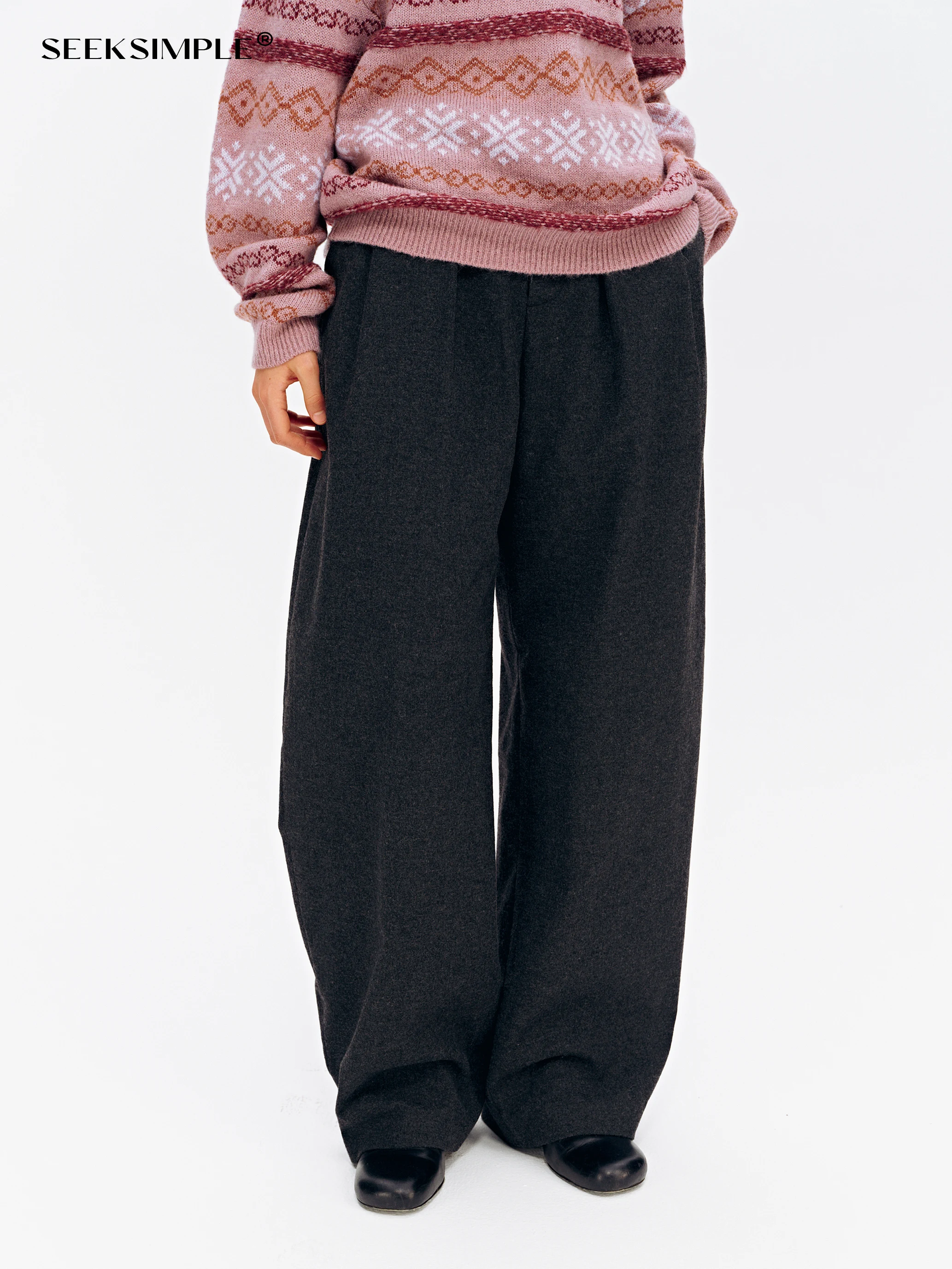 

SeeKSimple Wool Blend Silklike Wideleg Suit Pants Casual Knife Trousers Winter Polyester Fiber Ladies Straightleg Trousers