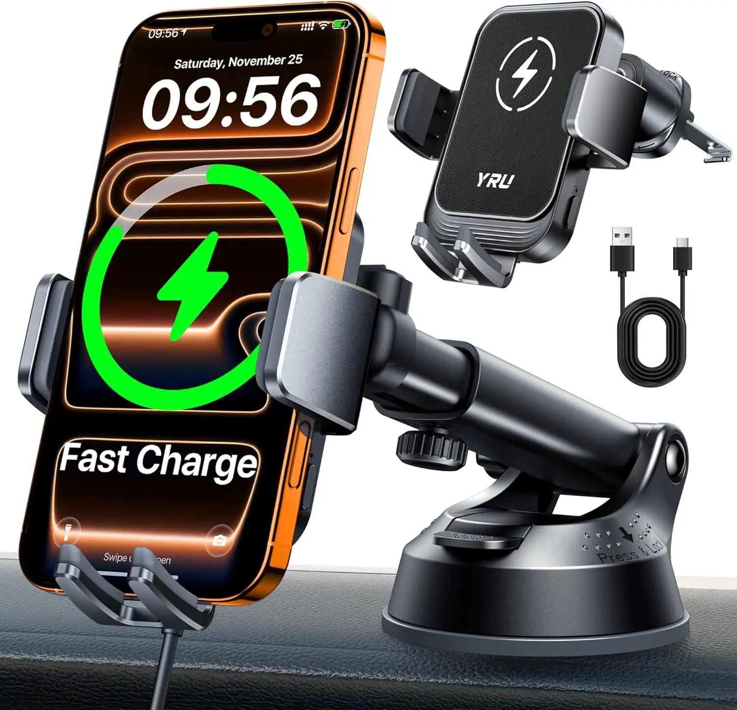 

Military-Grade Wireless Car Charger Mount, 15W Fast Auto-Clamping Phone Holder for iPhone Samsung