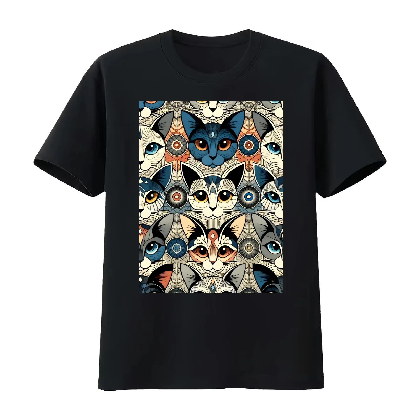 Folk Art Cat Illustration - Whimsical Feline Pattern Artwork T-Shirt Summer Casual Cotton Tee Oversized Streetwear Tops
