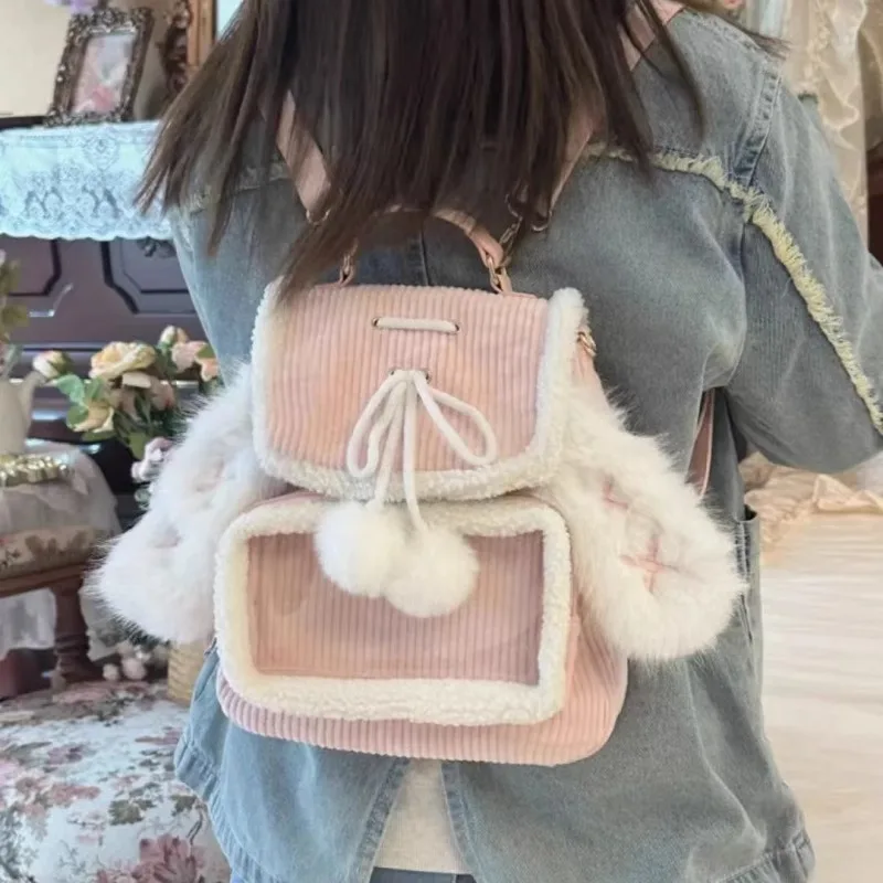 Korean Patchwork Fluffy Ears Transparent Ita Bags Casual Simple Kawaii Cute Schoolbags Sweet Y2k Girls Fashion Backpacks Women