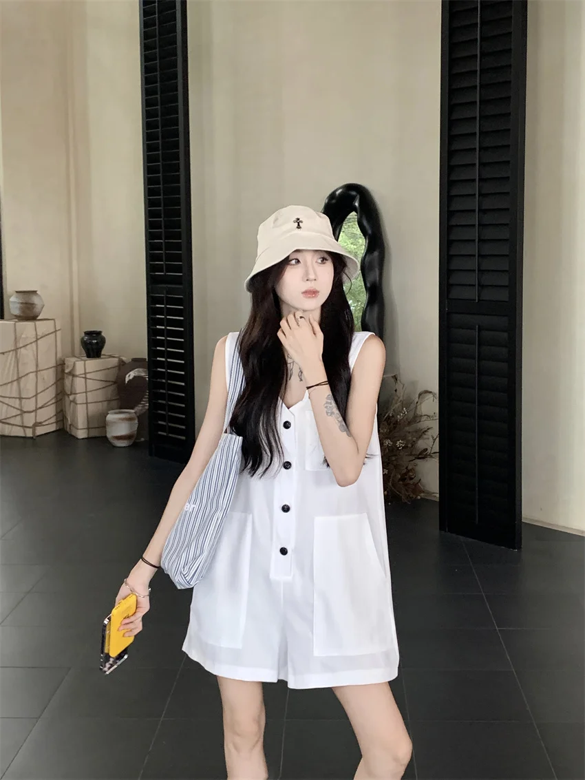 

Брюки-шорты Kumikumi в простом стиле, белые, на одной пуговице, повседневные, женские, летние, с эффектом омоложения, без рукавов, с широкими штанинами, с естественной талией