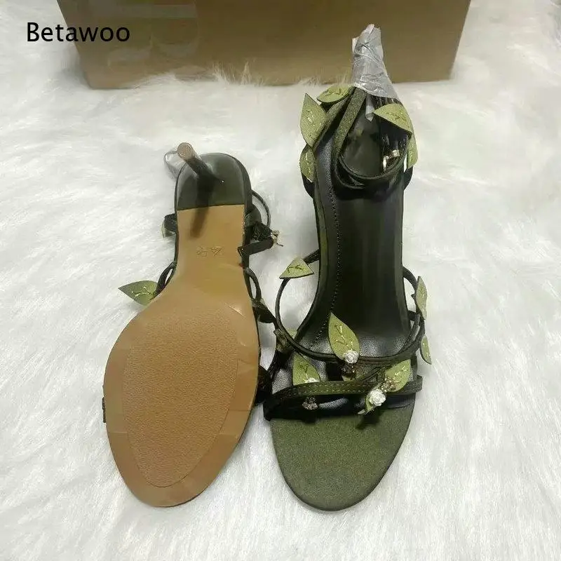 Dark Green Satin 3D Leaf Rhinestone Ankle Wrap Stiletto Heel Open Toe Women Evening Sandals Wedding Prom Formal Dress Sandals view 6