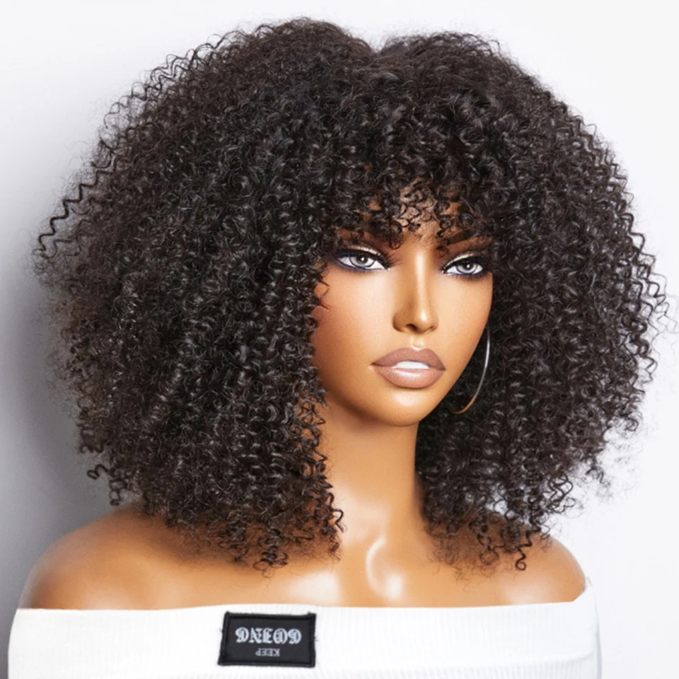 Pelucas Afro rizadas cortas con flequillo para mujeres negras, cabello humano, peluca rizada Afro, resaltado, sin pegamento, peluca completa a