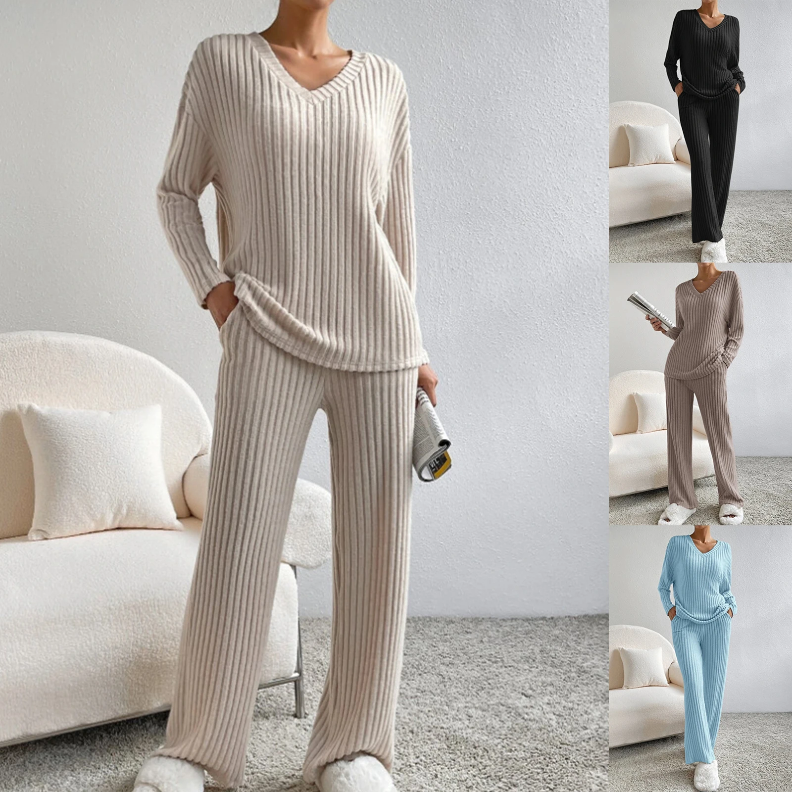 Combhasaki Women’s 2Piece Outfits Set Long Sleeve V Neck Ribbed Knit Pullover Tops+High Waist Long Pants Set cleanfit Loungewear