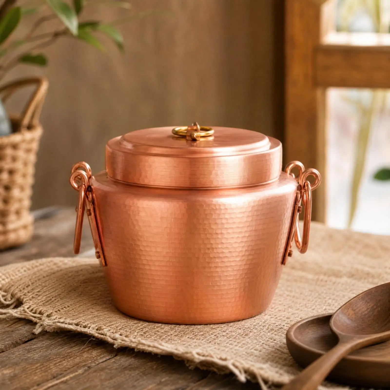 Thick-Walled Copper Pot with Side Handles Open-Flame Compatible Copper Rice Pot with Lid Knob Cookware Heat-Retaining Sturdy