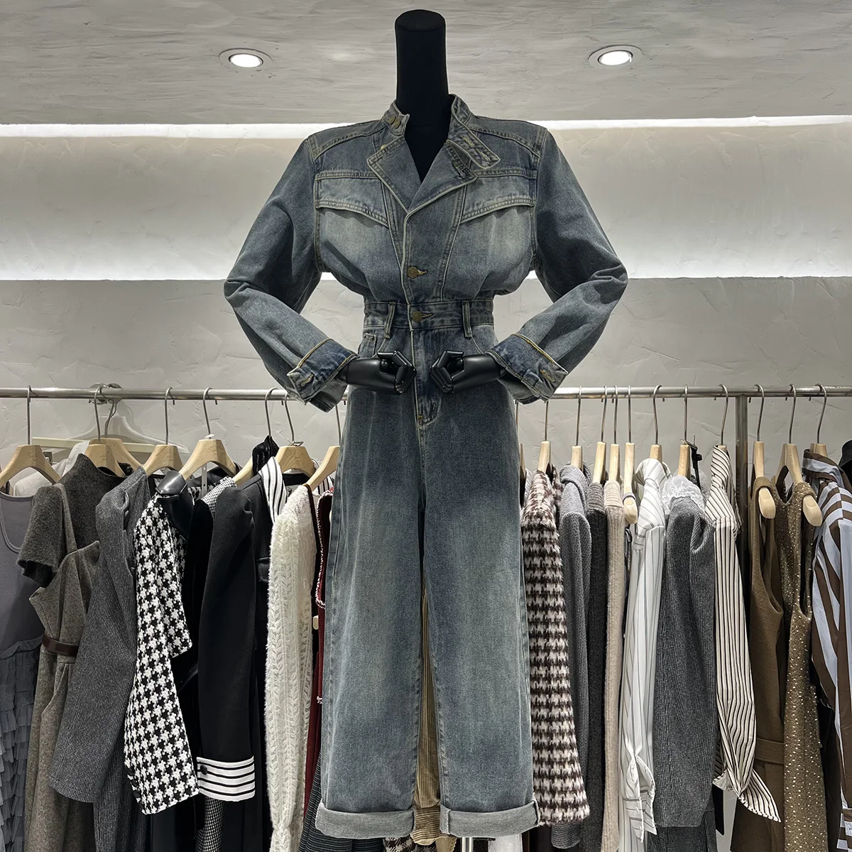 Novo ibcyx americano sle cintura alta emagrecimento denim macacão calças compridas v-ne retro ele faionable algodão workwear