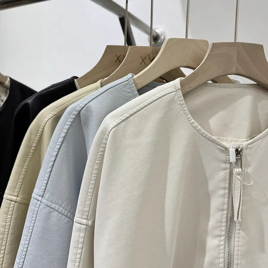 المرأة أزياء الربيع/الخريف سترة بولي يوريثان الرجعية جولة الرقبة طويلة الأكمام مطاطا هيم سستة سترة جلدية وهمية الإناث