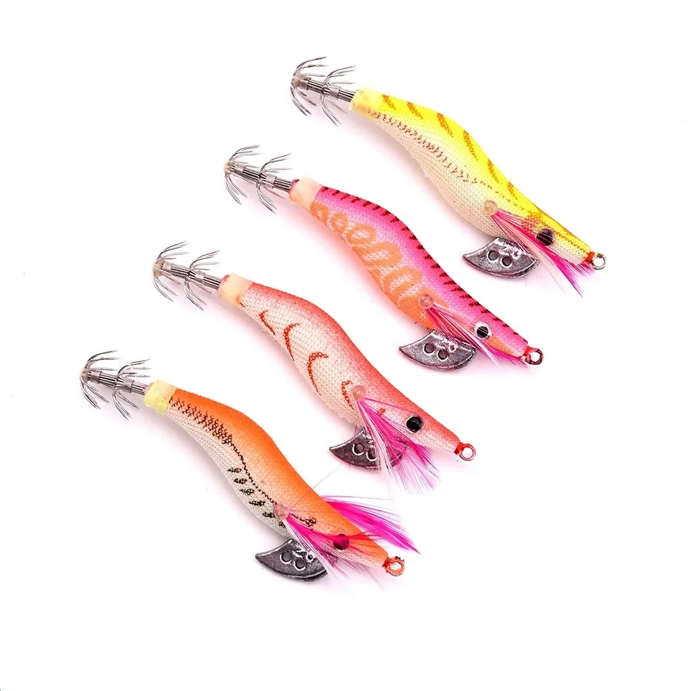 4 szt. Przynęty wędkarskie owinięte przynęty na krewetki ośmiornica krewetki drewniane przynęty kałamarnica Jig haczyki wędkarskie 8.5CM 7.3G 2.0 #