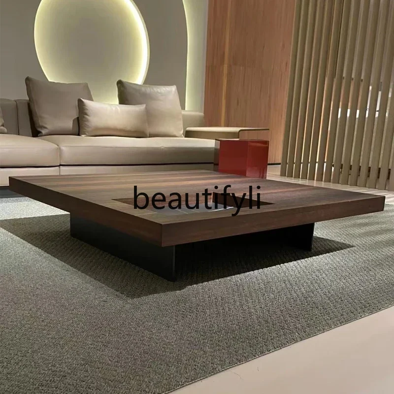 

a26 Italian minimalist square coffee table solid wood, small apartment simple living room smoked veneer slate