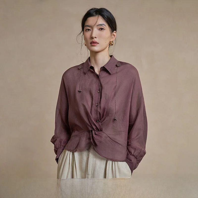 

Handmade Hooked Floral Linen Shirt Women's Loose Fit Breathable Spring 2026 New Style Comfortable Texture Tang Wood Color Top