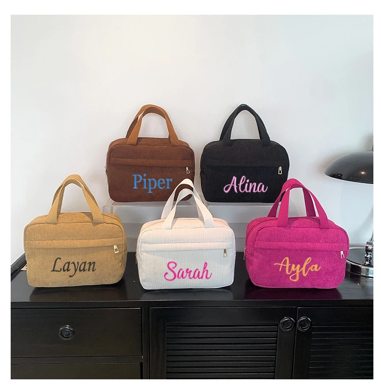 Personalized Embroidery Corduroy Fashion Make-up Bag Custom Name Multi-functional Portable Travel Storage Bag Leisure Handbag