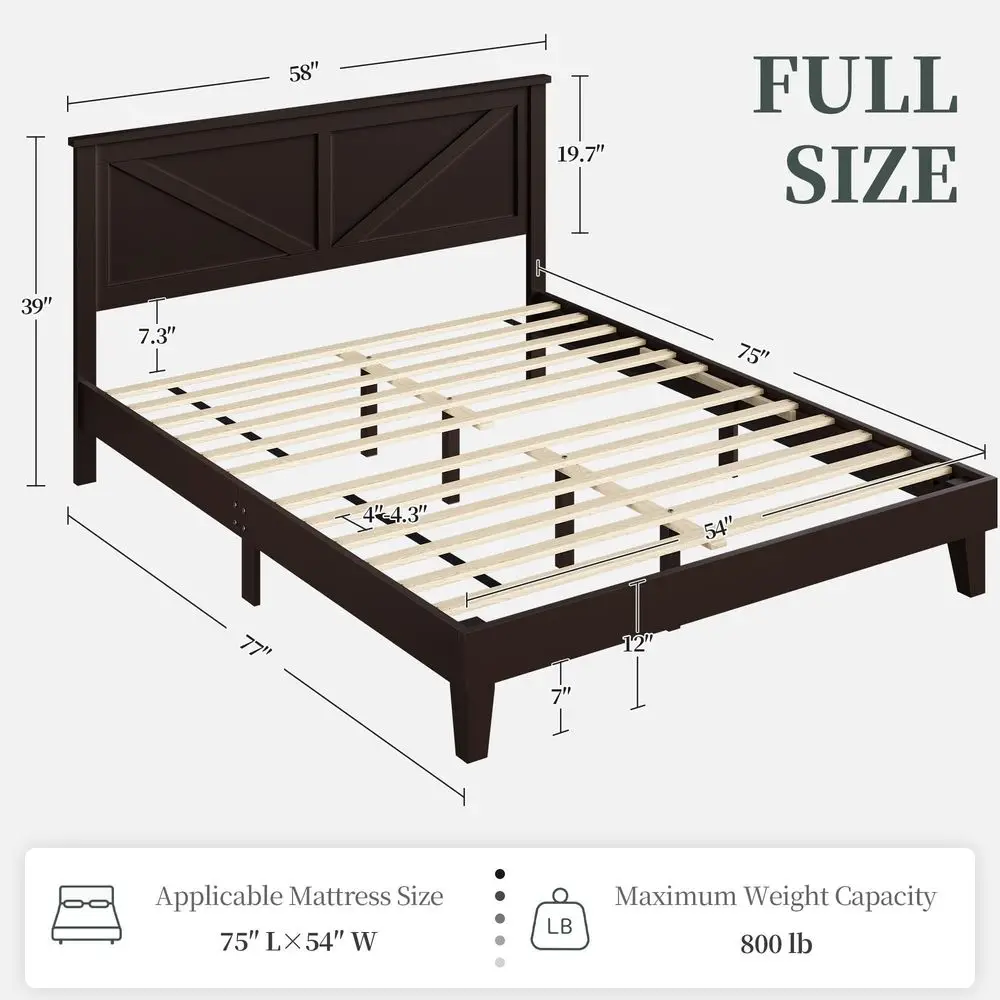 Full Size Platform Wood Bed Frame, Farmhouse Headboard, Espresso Rubber wood and plywood frame with 12 slats supports 800 lbs,