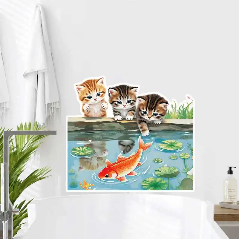 Cute Cat Playing in Water Waterproof Self-Adhesive Stickers for Living Room Bathroom Cartoon Wall Decor Concealer AA239