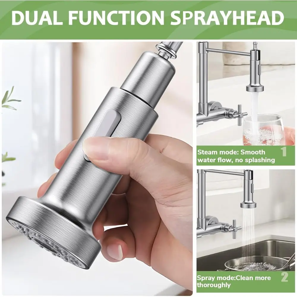 8 Torneira de montagem em parede com pulverizador pull-down de 2 alças em níquel escovado para cozinha e lavanderia