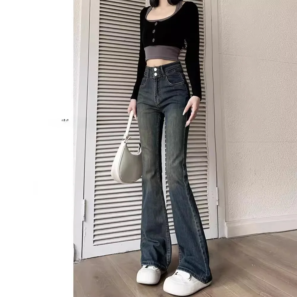High Waist Micro Flared Jeans Women's Cement Grey Slimming Retro Style Autumn Fashion Ladies' Premium Quality Denim Trousers
