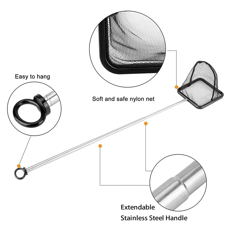 Red para peces de acuario N87R con mango largo extensible de acero inoxidable, red para peces de malla fina para pecera