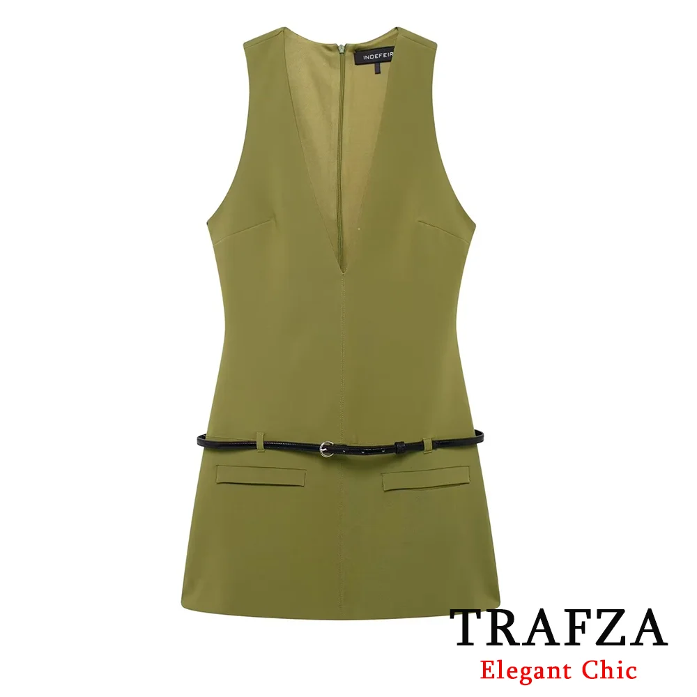 TRAFZA 2024 Spring Autumn Fashion Solid Green Belt Mini Dress Women\'s V-neck Mini Dress Holiday Party Casual Communter y2k Dress