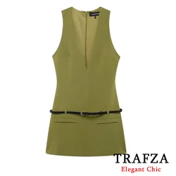 TRAFZA 2024 Spring Autumn Fashion Solid Green Belt Mini Dress Women's V-neck Mini Dress Holiday Party Casual Communter y2k Dress