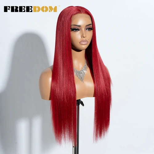 Imagen 2 del producto Pelucas delanteras de encaje sintético FREEDOM para mujer, peluca de encaje recta de 28 pulgadas, pelucas de Cosplay resistentes al calor, ombré, marrón, rojo y blanco