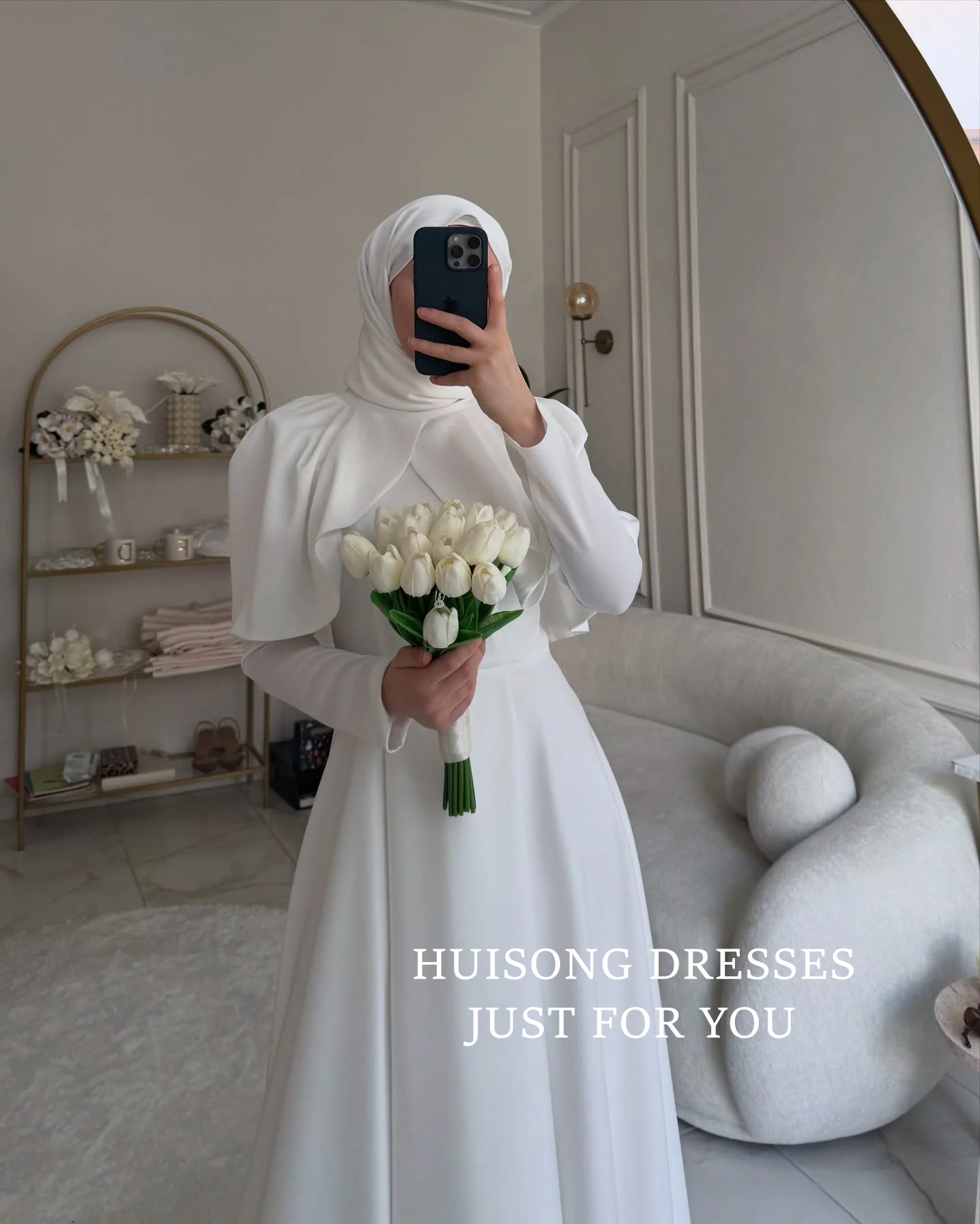 HUISONG Customized Muslim Satin Wedding Dresses Long Sleeves A-Line Modest Bride Dress Long Wedding Gown