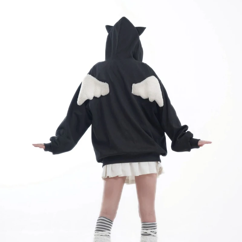 Korean style angel wings cat ears star print women's hoodie Autumn and Winter Japanese cute plus thick women's tops Y2K emo