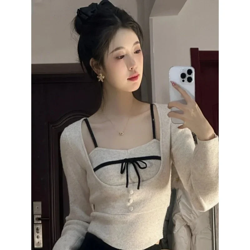 Color Collision Bow Long Sleeve T-shirts for Women Autumn Layered Tops Korean Style Sexy High-end Slim Chic Streetwear