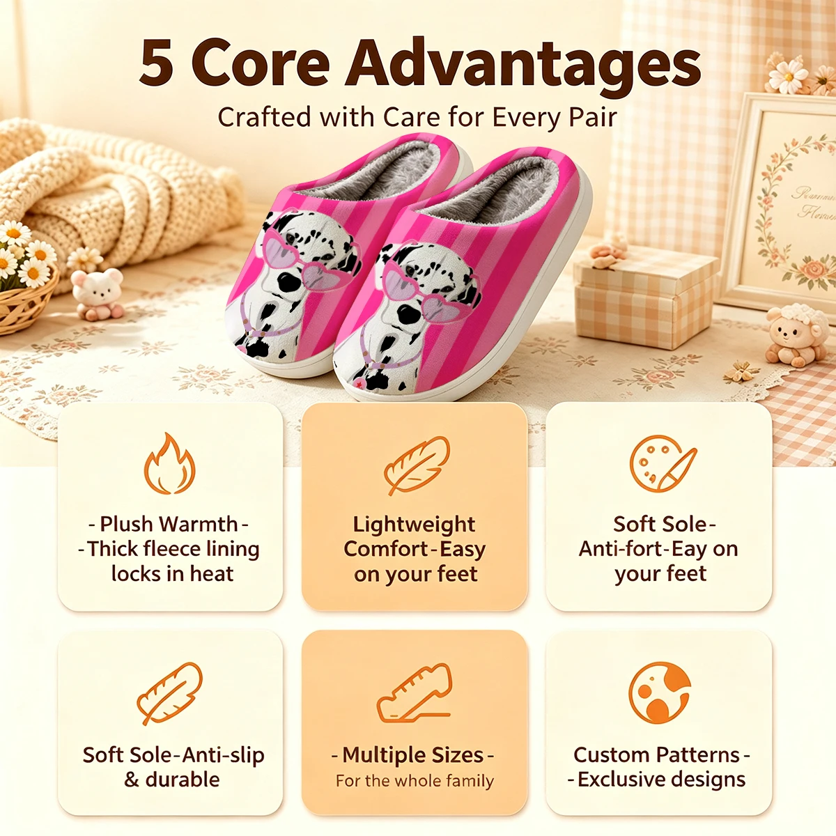 Pink Stripe Dalmatian Christmas White Slippers Warm Plush Indoor Shoes Non-Slip Winter Slippers Family Holiday Gifts Soft view 4