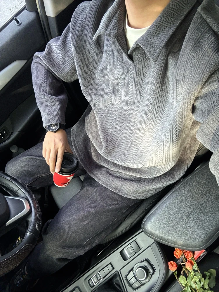 

ay Wheat Pattern Collar Sweatirt Men's Long Sve T-irt American Sle Cleanfit Top for Autumn Vintage Heavyweight